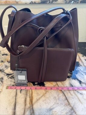 Women’s Brown Bucket Tote Shoulder Bag with Pouch